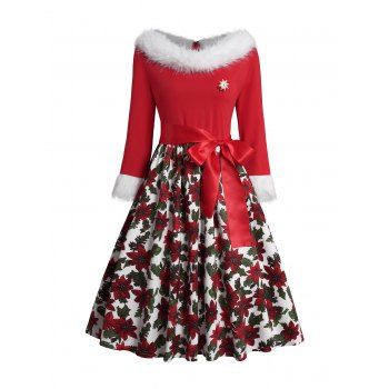 

Christmas Faux Fur Neckline Belted Midi Dress Flower Print Long Sleeve High Waist Dress, Red
