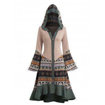 

Elk Snowflake Tribal Pattern Knit High Low Flocking Liner Hooded Dress Button Up Flare Sleeve Midi Dress, Light coffee