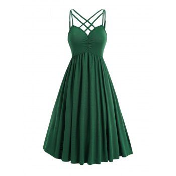 

Solid Color Lattice Spaghetti Strap Dress Sleeveless Ruched High Waist Cami Dress, Deep green