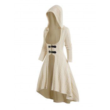 

Twist Textured Long Hooded Knit Coat Solid Color Button Strap Knitted High Low Coat, Light coffee