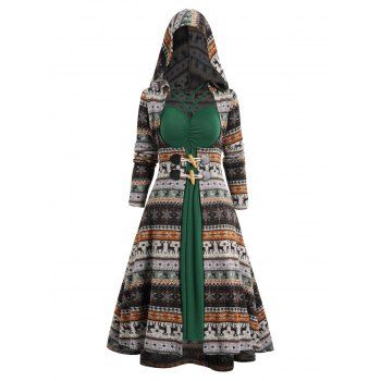 

Flocking Liner Tribal Graphic Horn Button Longline Hooded Knit Coat And Lattice Ruched Camisole Dress Ethnic Set, Deep green