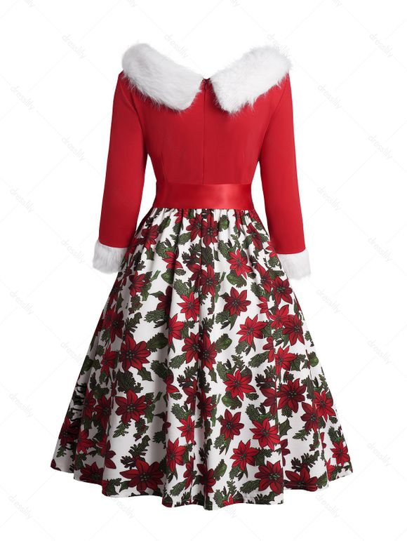 Robe Mi-Longue Ceinturée Fleur Imprimée Manches Longues à Col en Fausse Fourrure - Rouge XL | US 12