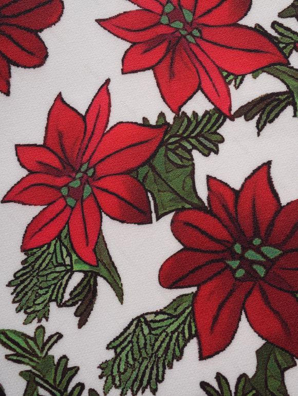 Robe Mi-Longue Ceinturée Fleur Imprimée Manches Longues à Col en Fausse Fourrure - Rouge XL | US 12