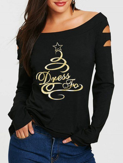 Christmas Metallic Letter Pattern Off The Shoulder T-shirt Cut Out Long Sleeve Tee