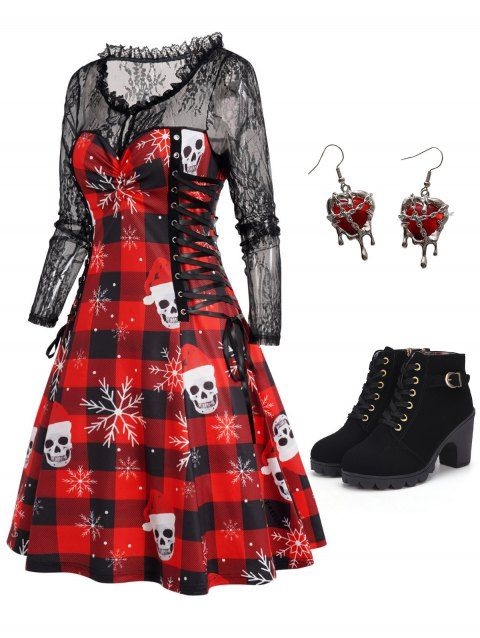 Christmas Plaid Skull Snowflake Print Sheer Lace Panel Long Sleeve Lace Up Mini Dress And Chunky Heel Boots Heart Drop Earrings Outfit