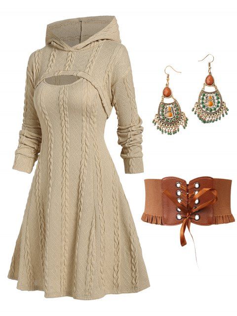 Hooded Cable Knit Arm Warmer Sweater and Dress Set Lace Up Faux Leather Wide Belt Ethnic Drop Earrings Outfit
