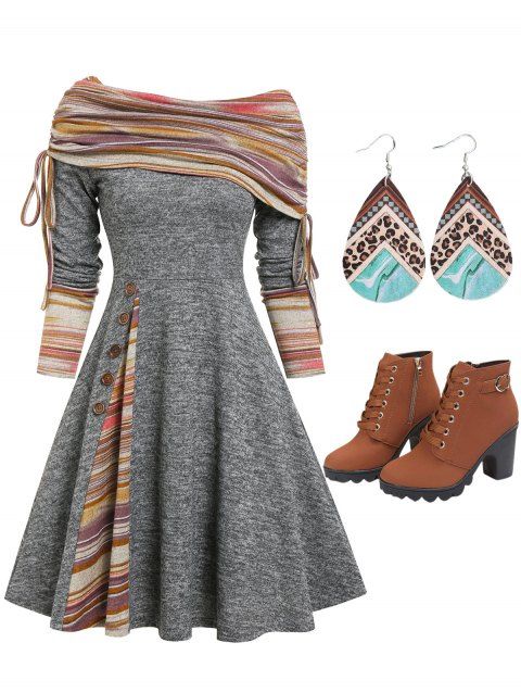Convertible Cinched Striped Flare Dress And Chunky Heel Lace Up Boots Teardrop Hook Drop Earrings Outfit
