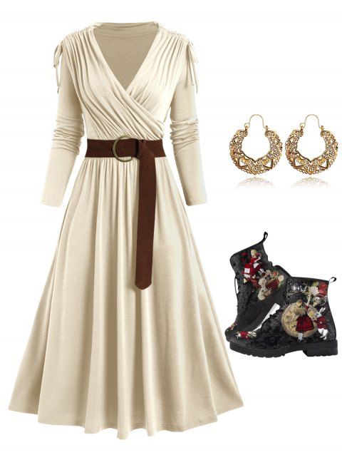 Cinched Surplice Plunge High Waist Long Sleeve Belted Midi Dress And Lace Up Warm Ankle Boots Flower Drop Earrings Set