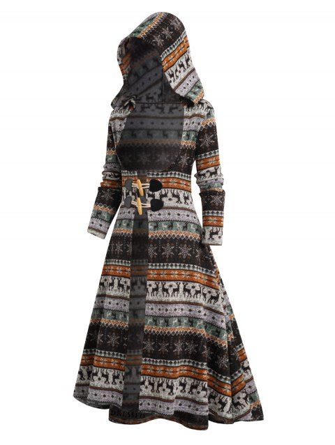 Snowflake Elk Tribal Pattern Flocking Lining Knit Longline Hooded Coat Horn Button Open Front Knitted Coat