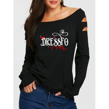 

Christmas Letter Floral Print Off The Shoulder Cut Off Long Sleeve Tee, Black