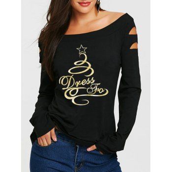 

Christmas Metallic Letter Pattern Off The Shoulder T-shirt Cut Out Long Sleeve Tee, Black