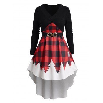 

Plaid Christmas Tree Print Knit High Low Dress Surplice V Neck Self-belted Knitted Midi Dress, Red