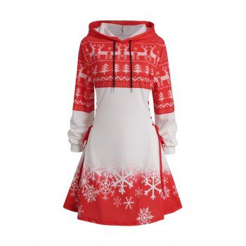 

Christmas Snowflake Print Colorblock Hoodie Dress Lace Up Hooded Mini Dress, Red