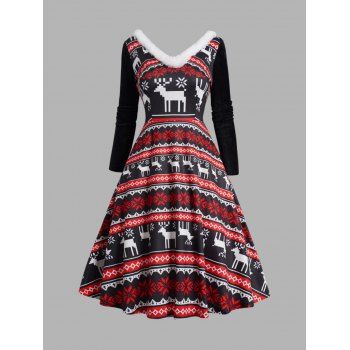 

Christmas Snowflake Elk Geometric Print Ethnic Dress Faux Fur V Neckline Velour Sleeve Midi Dress, Black