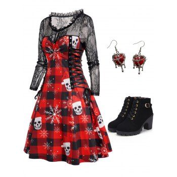 

Christmas Plaid Skull Snowflake Print Sheer Lace Panel Long Sleeve Lace Up Mini Dress And Chunky Heel Boots Heart Drop Earrings Outfit, Red