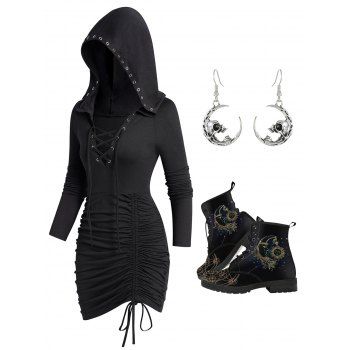 

Gothic Lace Up Cinched Ruched Mini Hooded Dress And Celestial Sun Moon Print Boots Skull Drop Earrings Outfit, Black