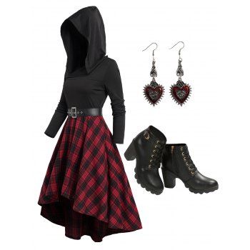 

Plaid Panel Belted High Low Hooded Dress And Chunky Heel Lace-up Zip Up Ankle Boots Heart Drop Earrings Outfit, Black