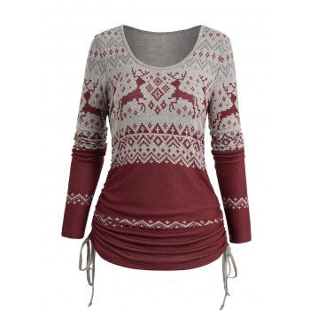 

Christmas Elk Tribal Geometric Print T-shirt Side Cinched Tie Long Sleeve Casual Tee, Red
