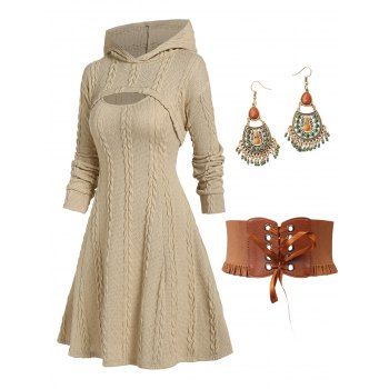 

Hooded Cable Knit Arm Warmer Sweater and Dress Set Lace Up Faux Leather Wide Belt Ethnic Drop Earrings Outfit, Multicolor