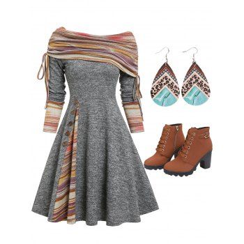 

Convertible Cinched Striped Flare Dress And Chunky Heel Lace Up Boots Teardrop Hook Drop Earrings Outfit, Multicolor