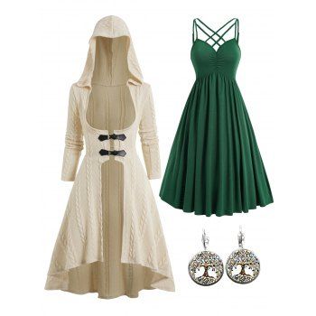 

Solid Color Twist Textured Long Hooded Knit Coat And Lattice Ruched Spaghetti Strap Cami Dress Drop Earrings Outfit, Multicolor