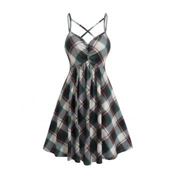 

Crisscross Mini Plaid Dress High Waist Spaghetti Strap Ruched Casual Cami Dress, Deep green