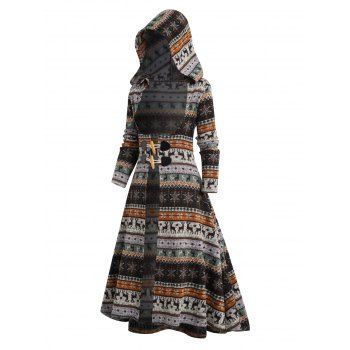 

Snowflake Elk Tribal Pattern Flocking Lining Knit Longline Hooded Coat Horn Button Open Front Knitted Coat, Multicolor