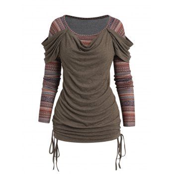 

Contrast Color Ethnic Knit Faux Twinset Top Tribal Stripe Geometric Pattern Knitted Twofer Top, Coffee