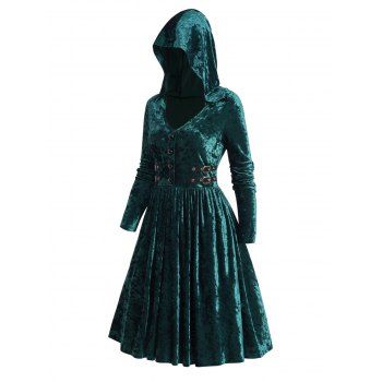 

Mock Button Velour Mini Hooded Dress Buckle Strap Long Sleeve Pleated A Line Dress, Deep green