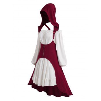 

Detachable Hooded Zip Up High Low Knit Top And Off The Shoulder Ruffles Long Sleeve Mini Shift Dress Set, Deep red