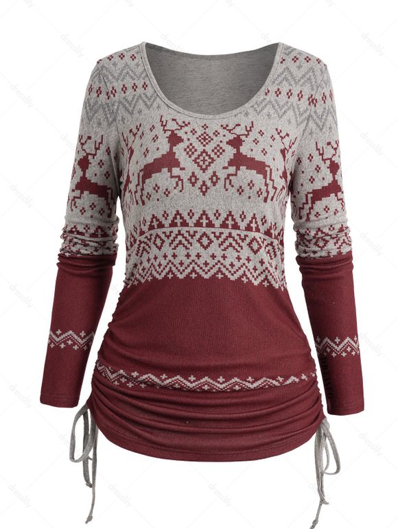 T-shirt Décontracté Géométrique Tribal Cerf de Noël Imprimé à Manches Longues - Rouge M | US 6
