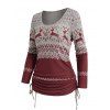 Christmas Elk Tribal Geometric Print T-shirt Side Cinched Tie Long Sleeve Casual Tee