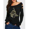 T-shirt de Noël Métallisé Motif de Lettre à Epaule Dénudée à Manches Longues - Noir XXL | US 14