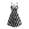 Mini Robe Décontractée à Carreaux à Bretelle Fine Croisée à Taille Haute à Volants - Vert profond L | US 8-10
