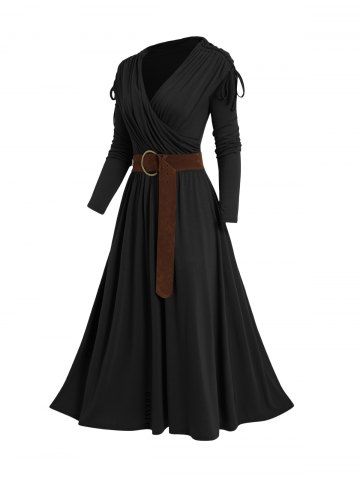 Cinched Ruched Surplice Plunge Belted Midi Dress Solid Color High Waist Long Sleeve Dress