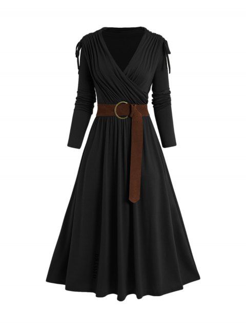 Cinched Ruched Surplice Plunge Belted Midi Dress Solid Color High Waist Long Sleeve Dress