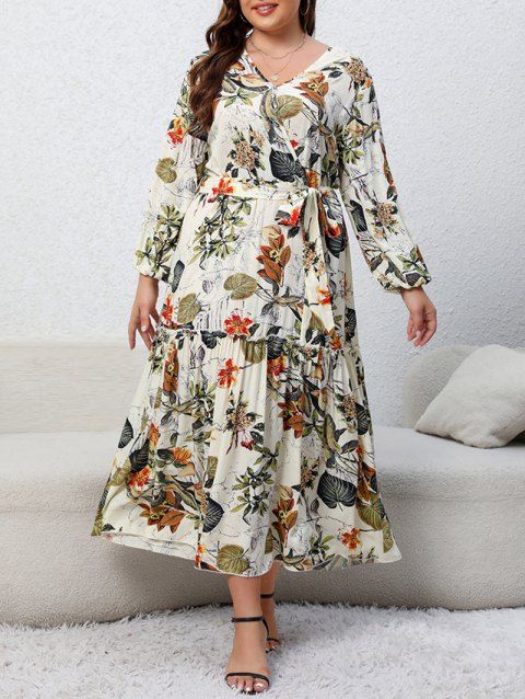 Plus Size Flower Maxi Tiered Dress Allover Print Belted High Waist Surplice V Neck Long Sleeve Dress