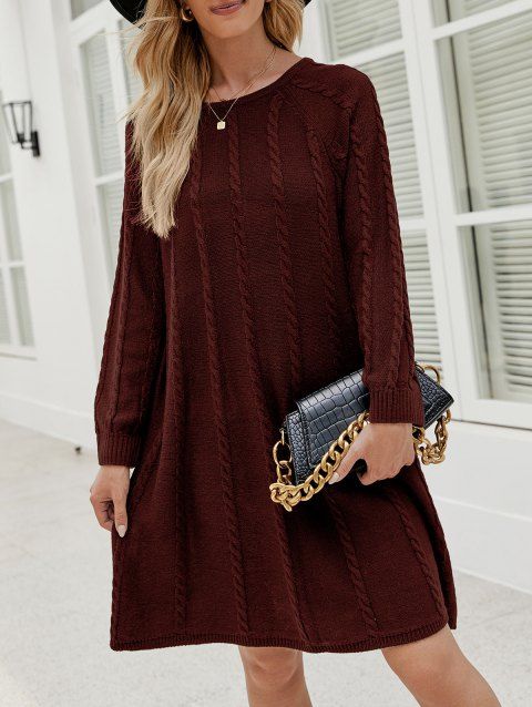 Twist Cable Knit Raglan Sleeve Sweater Dress Solid Color Round Neck Mini Sweater Dress