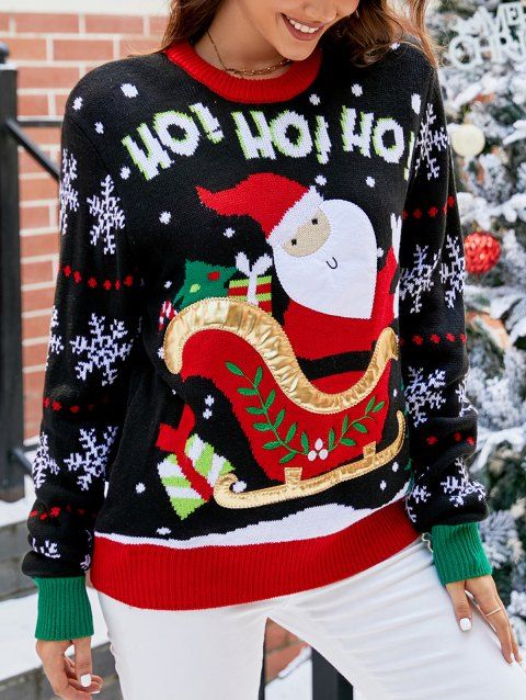 Pull à Col Ras-de-Cou Motif Vilain Père Noël et Flocons de Neige