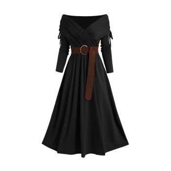 Cinched Ruched Surplice Plunge Belted Midi Dress Solid Color High Waist Long Sleeve Dress 