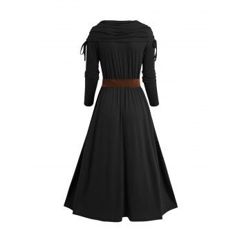 Cinched Ruched Surplice Plunge Belted Midi Dress Solid Color High Waist Long Sleeve Dress 