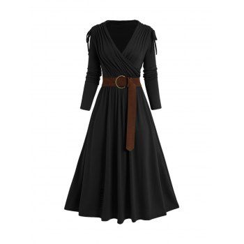 

Cinched Ruched Surplice Plunge Belted Midi Dress Solid Color High Waist Long Sleeve Dress, Black