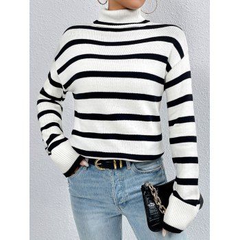 

Contrast Stripe Graphic Turtleneck Sweater Drop Shoulder Casual Pullover Sweater, White