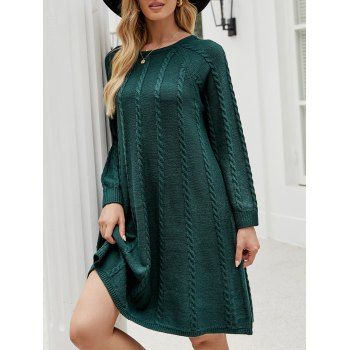 

Twist Cable Knit Raglan Sleeve Sweater Dress Solid Color Round Neck Mini Sweater Dress, Deep green