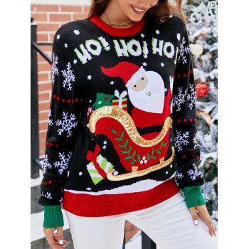 

Christmas Ugly Sweater Santa Claus Snowflake Letter Graphic Crew Neck Pullover Sweater, Black