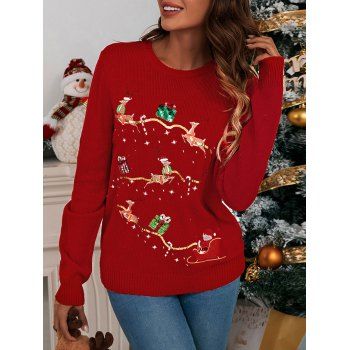 

Sparkly Sequined Christmas Elk Bear Snowflake Graphic Sweater Crew Neck Ribbed Hem Pullover Sweater, Multicolor b