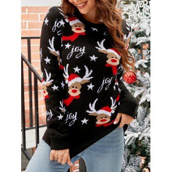 

Christmas Elk Letter Graphic Sweater Crew Neck Ribbed Hem Pullover Sweater, Black