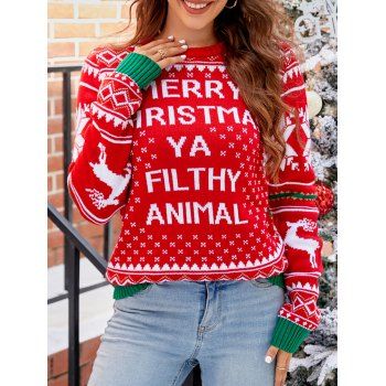 

Christmas Slogan Elk Snowflake Graphic Ugly Sweater Crew Neck Colorblock Pullover Sweater, Red