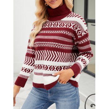 

Contrast Tribal Geometric Graphic Sweater Turtleneck Drop Shoulder Pullover Sweater, Deep red