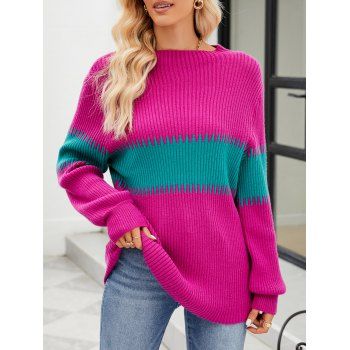 

Contrast Colorblock Patchwork Knit Top Mock Neck Pullover Knitwear, Purple